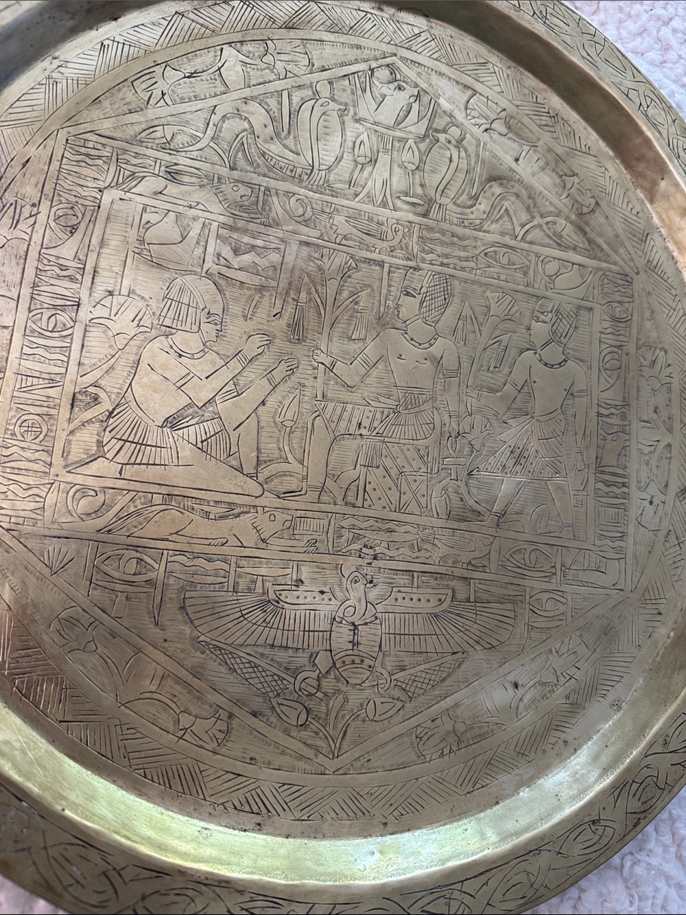Vintage 13” Egyptian Brass Hand Crafted & Etched Round Serving Tray